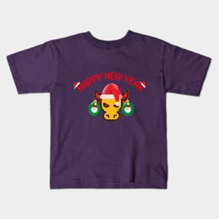 Christmas illustration depicting a bull and Christmas tree decorations on his horns Kids T-Shirt